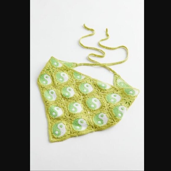 Urban Outfitters Yin Yang Icon Crochet Hair Bandanna Lime Green Knit Scarf Top - Picture 7 of 8
